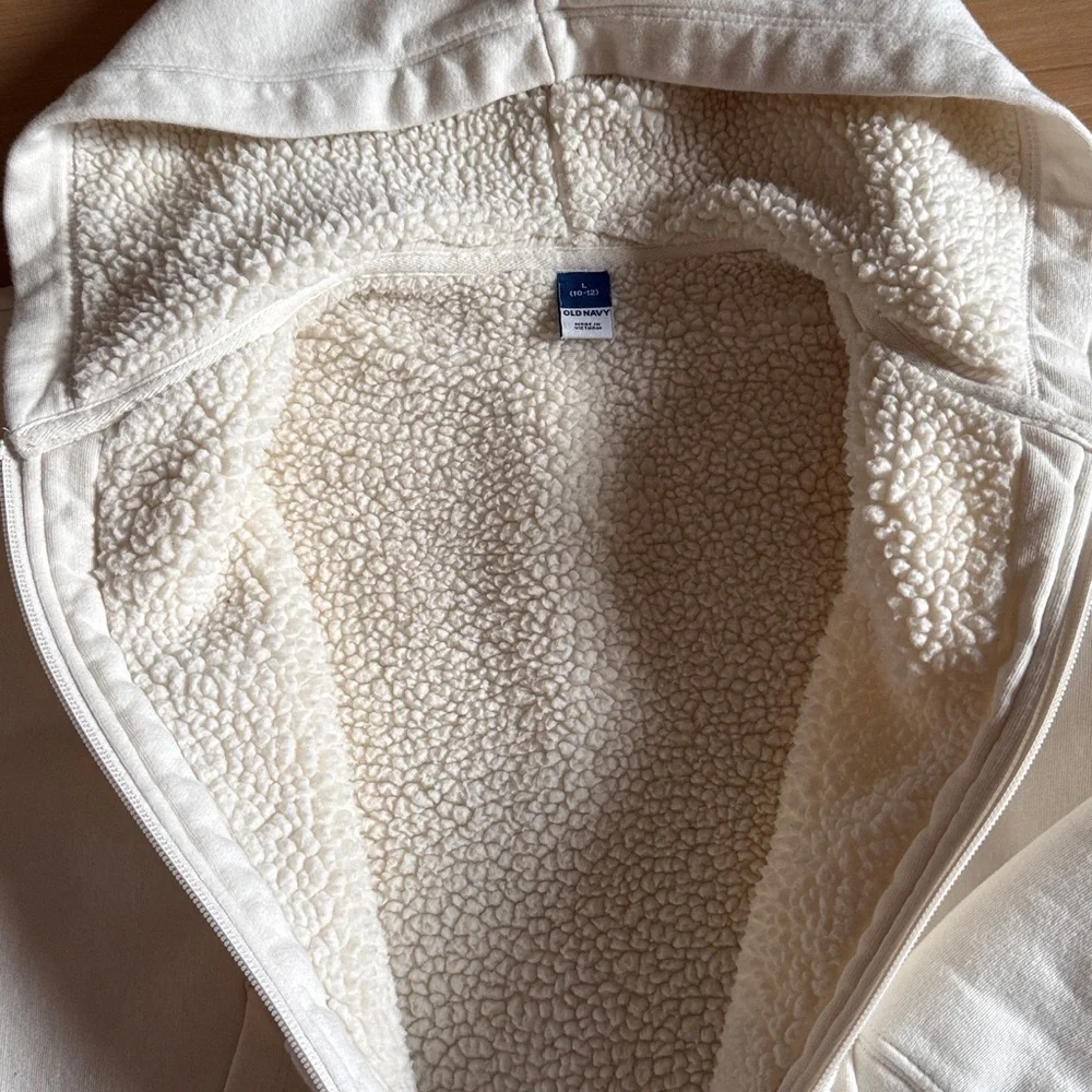 OLD NAVY GIRLS SERPA LINED FULL ZIP HOODED JACKET FRONT POCKETS CREAM LG (10-12)
